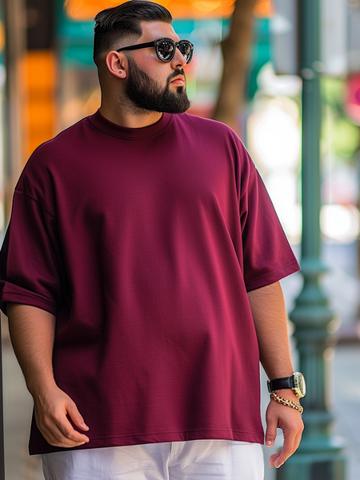 Maroon Heavy Weight Fabric Plus Size Drop Shoulder T-shirt