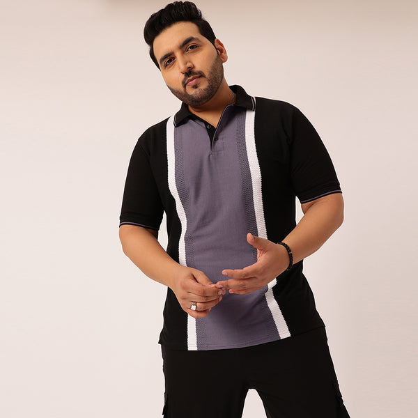 1Black Solid Unisex Plus Size Polo T-shirt