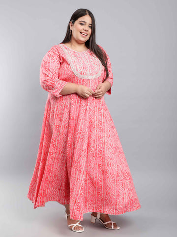 Pink Bandhej Sequin Work Plus Size Dress