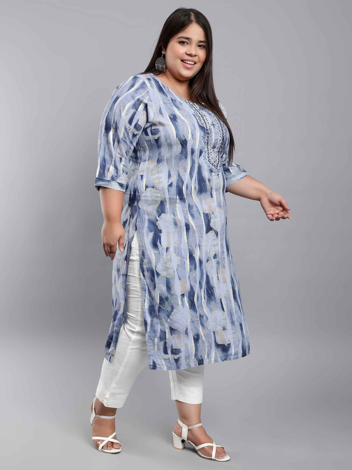 blue embroidered foil printed plus size kurti