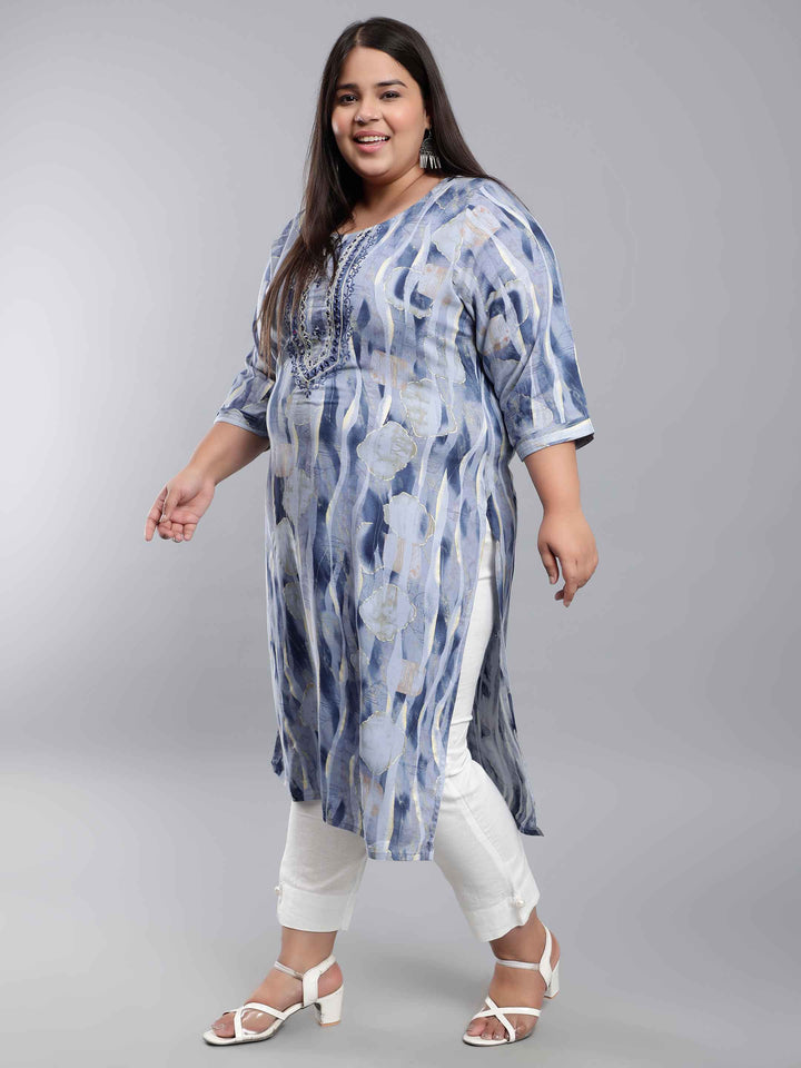 blue embroidered foil printed plus size kurti