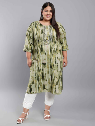 Green Embroidered Foil Printed Plus Size Kurti