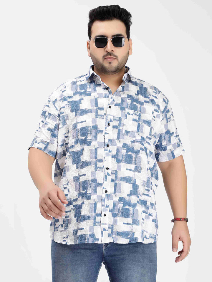 blue abstract digital print half sleeve textured shirt