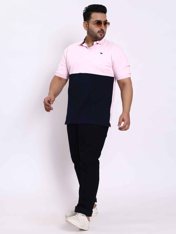 Pink and Navy Striped Plus Size Polo T-shirt