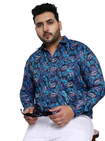 Blue Digital Floral Print Satin Cotton Shirt