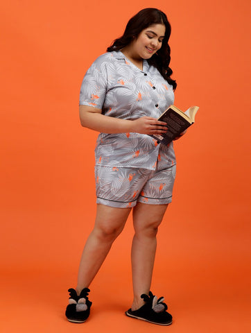 Plus Size Women Tropical Print Satin Shorts Set