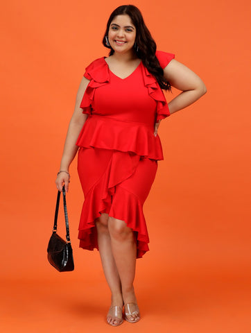 Plus Size Women Red High-Low Dress