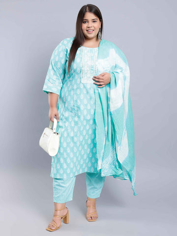 Cyan Embroidered 3 Piece Suit Set