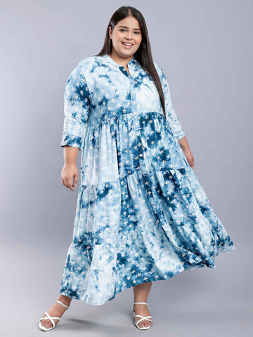 Blue Tie Dye Print Plus Size Dress