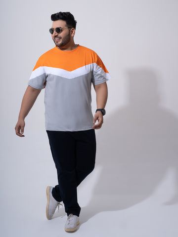 Orange white Grey colourblock Plus Size T-shirt