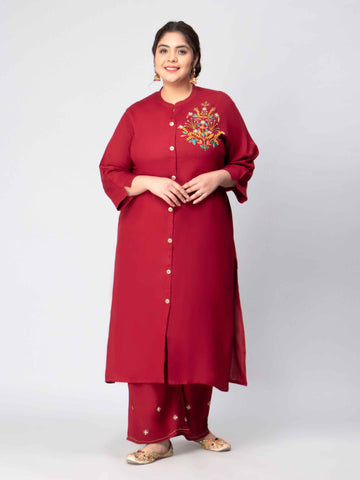 Red Thread Work Flower Motif Plus Size Kurti And Pants