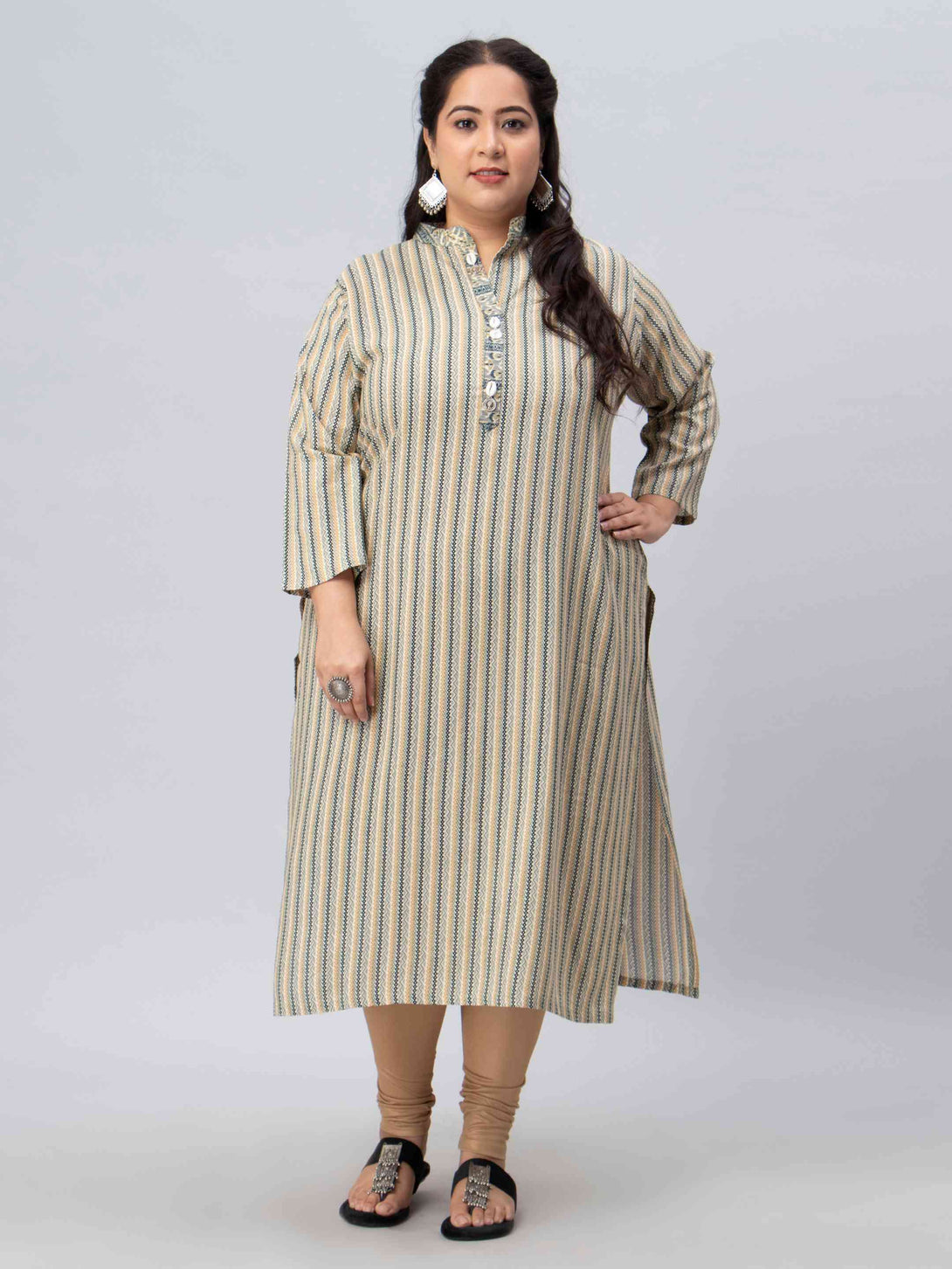 beige printed mandarin collar plus size kurti