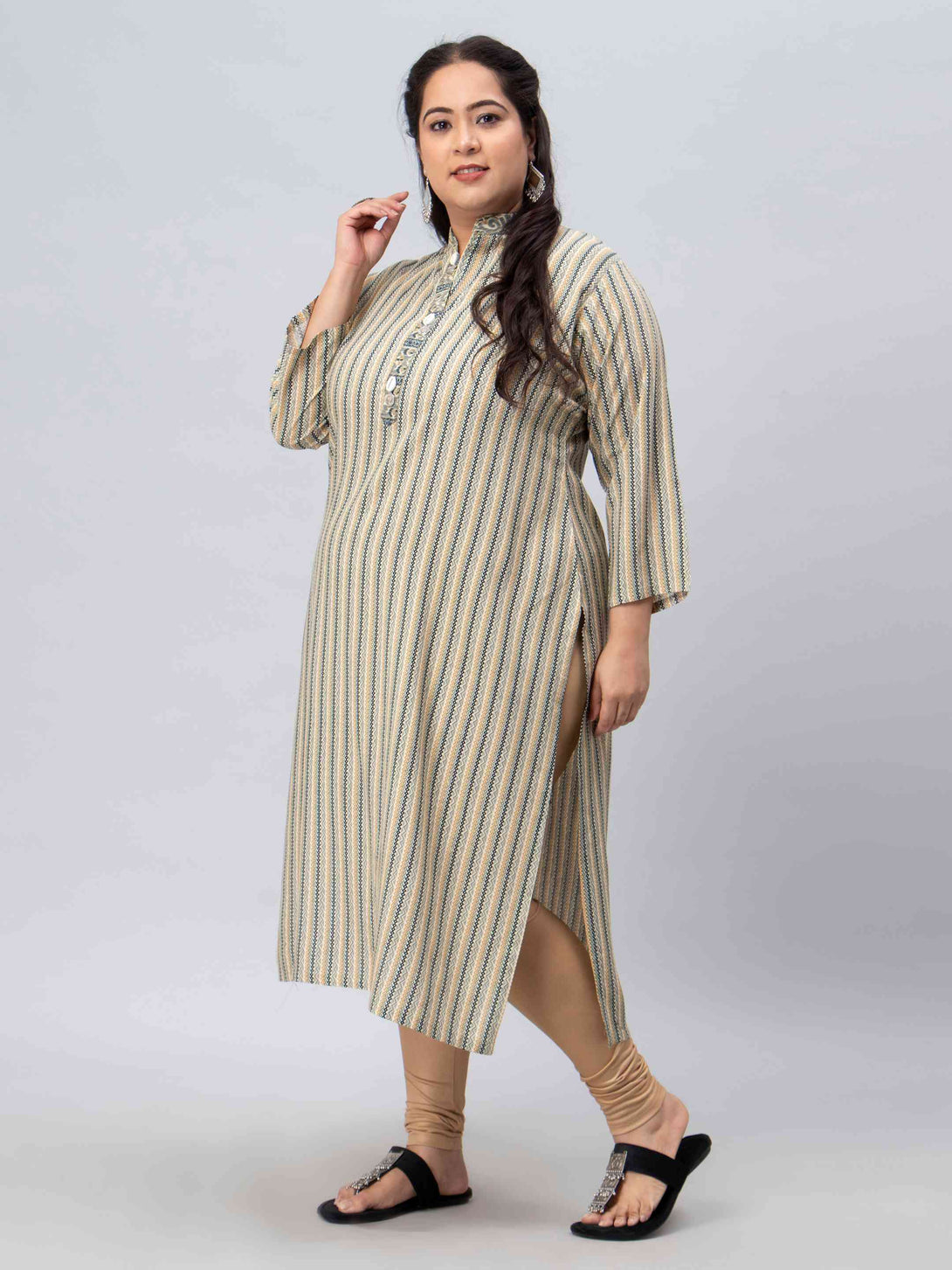 beige printed mandarin collar plus size kurti