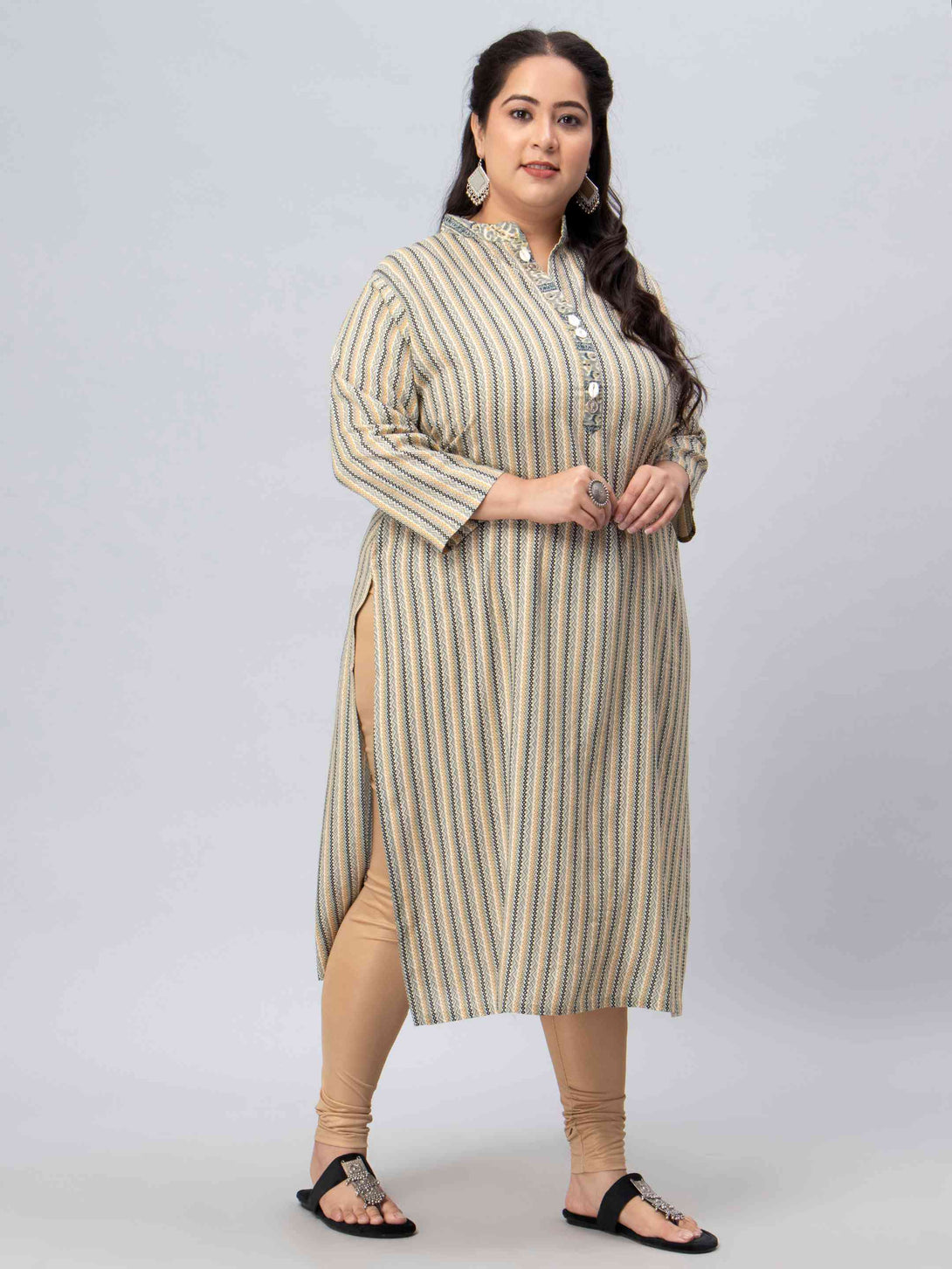 beige printed mandarin collar plus size kurti