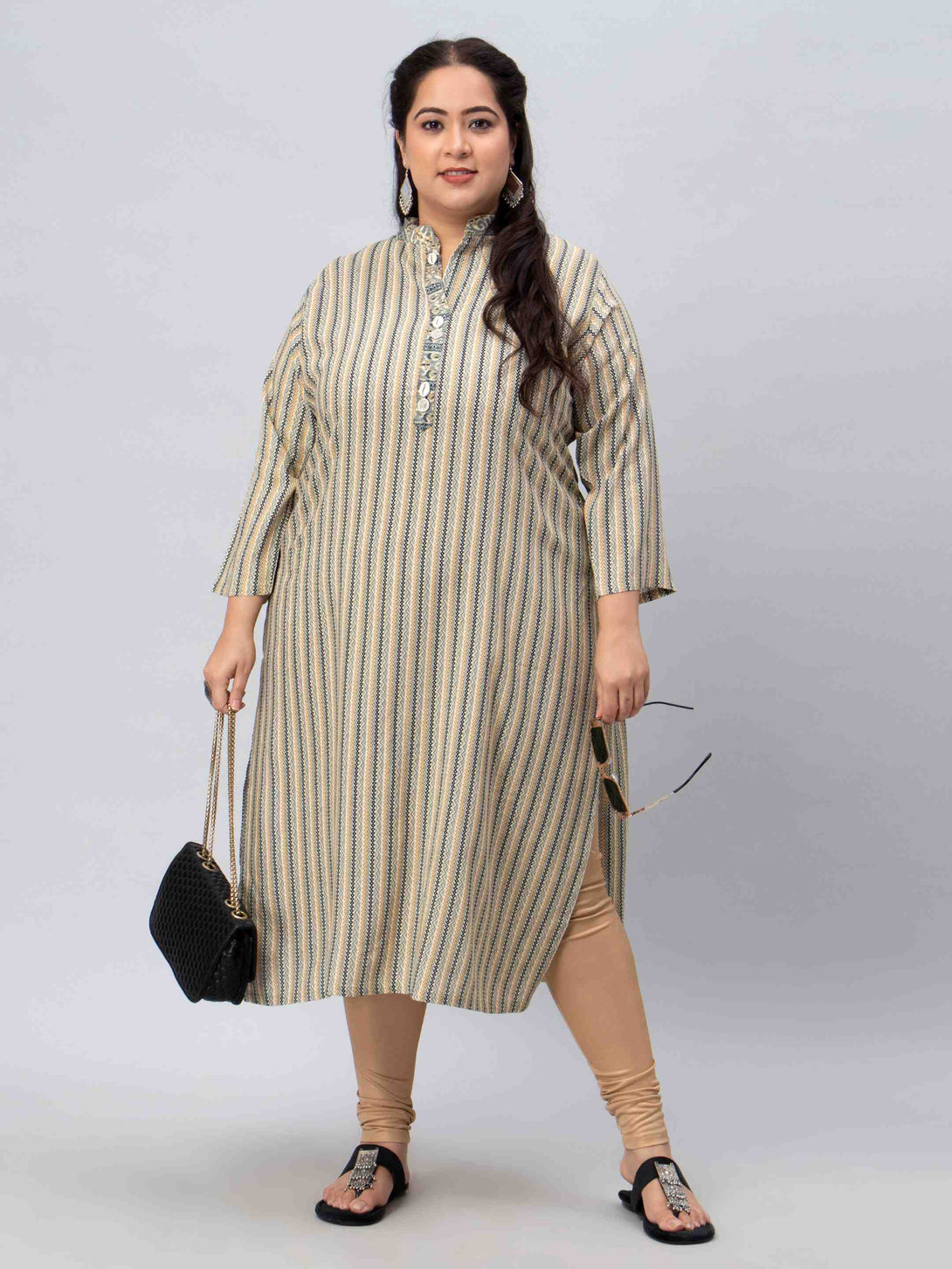 beige printed mandarin collar plus size kurti