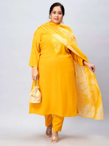 Golden Yellow Thread Work Suit With Tie-Dye Dupatta Plus Size 3 Piece Suit Set