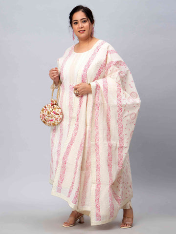 Off White Pink Block Print Sequin Plus Size 3 Piece Suit Set