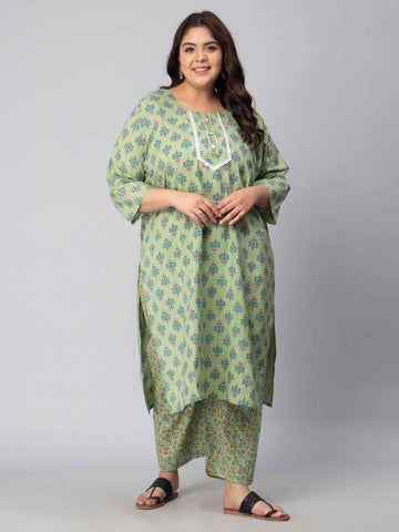Green Flower Printed Plus Size Kurti And Pants