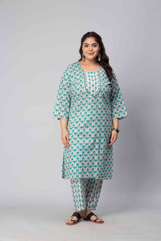 Teal Blue Off White Printed Plus Size Kurti And Pants