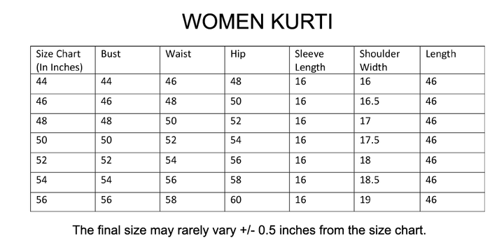 blue printed plus size kurti and pants size chart